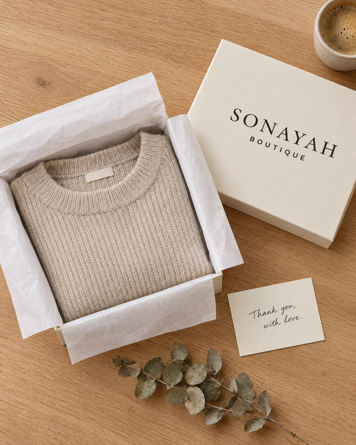 A folded knit sweater in a Sonayah Boutique gift box with a thank-you card
