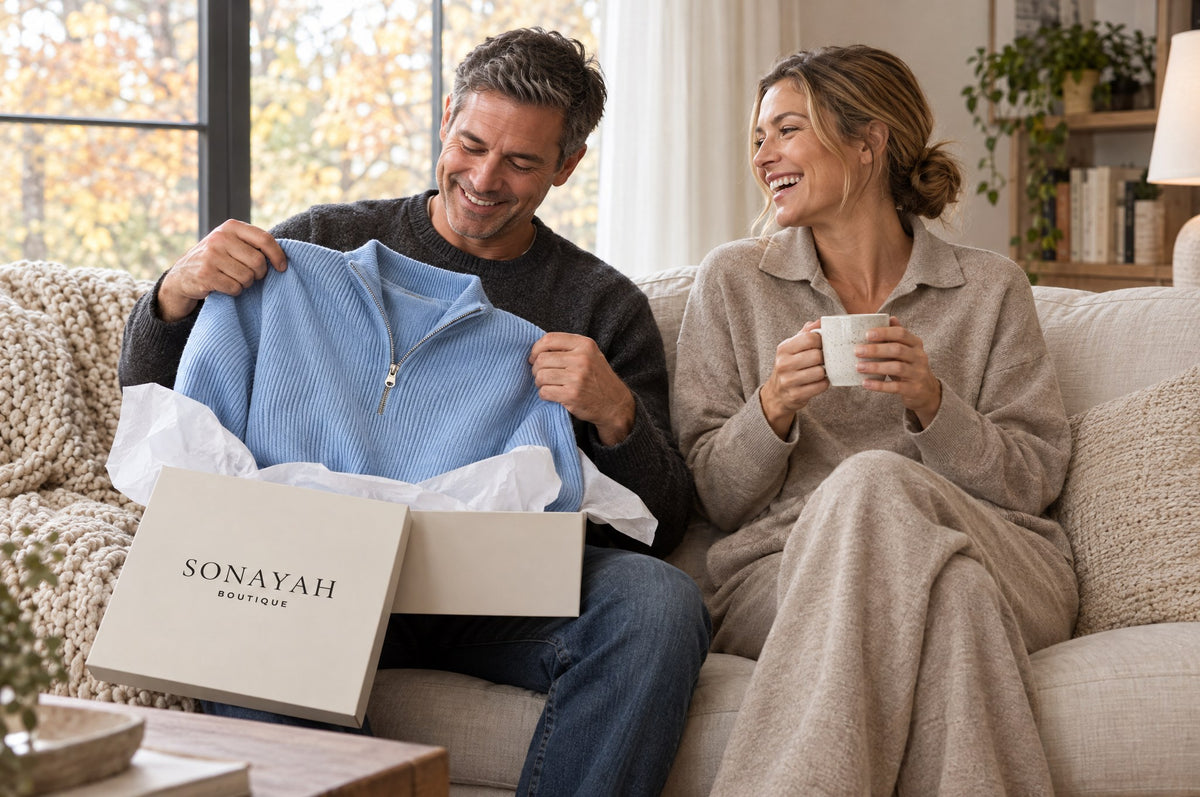 Man unboxing a half-zip sweater from a Sonayah Boutique gift box next to a woman in a knit set