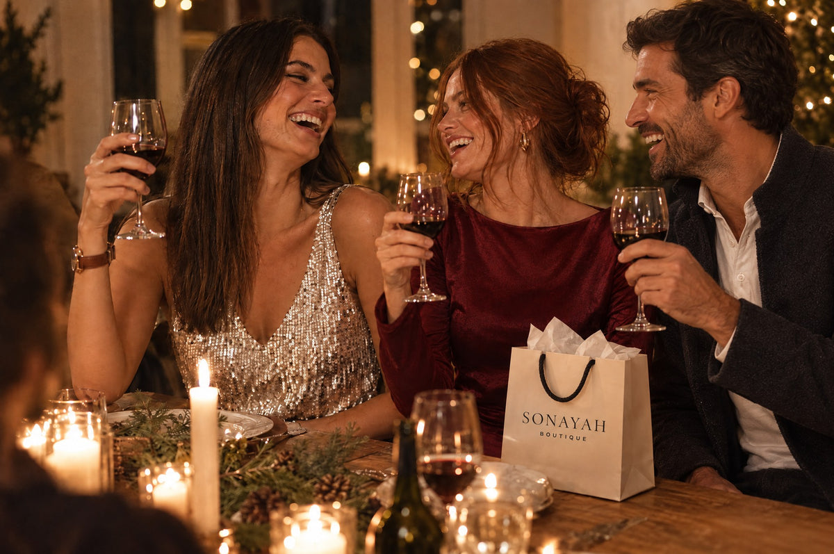 Friends at a holiday dinner in a sequin top, a burgundy satin dress and a wool jacket, with a Sonayah Boutique gift bag