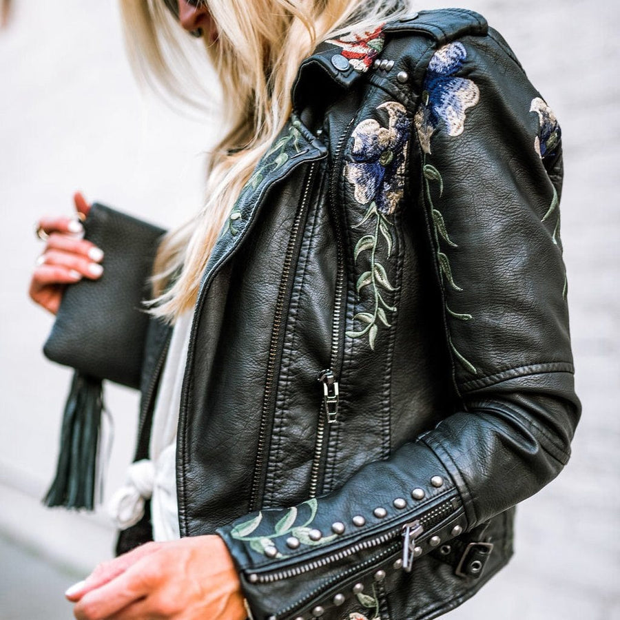 Clarissa | Faux Leather Jacket with Embroidered Flowers