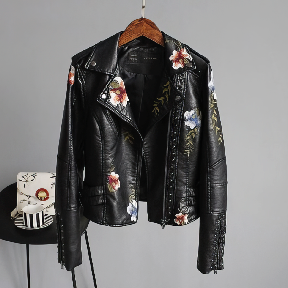 Clarissa | Faux Leather Jacket with Embroidered Flowers