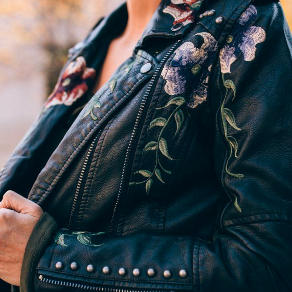 Clarissa | Faux Leather Jacket with Embroidered Flowers
