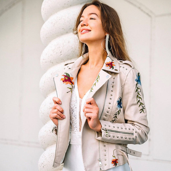 Clarissa | Faux Leather Jacket with Embroidered Flowers