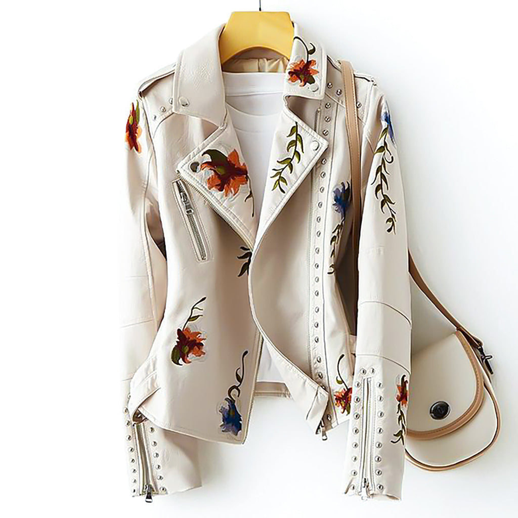 Clarissa | Faux Leather Jacket with Embroidered Flowers