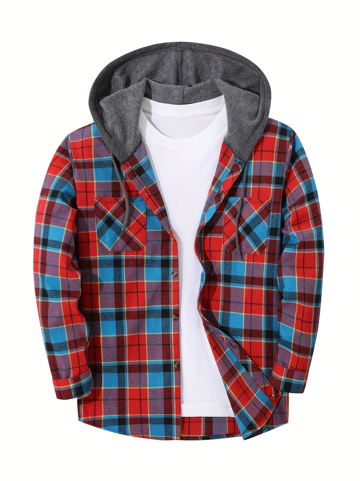 Elliot | Plaid Hoodie with Buttons and Contrast Hood