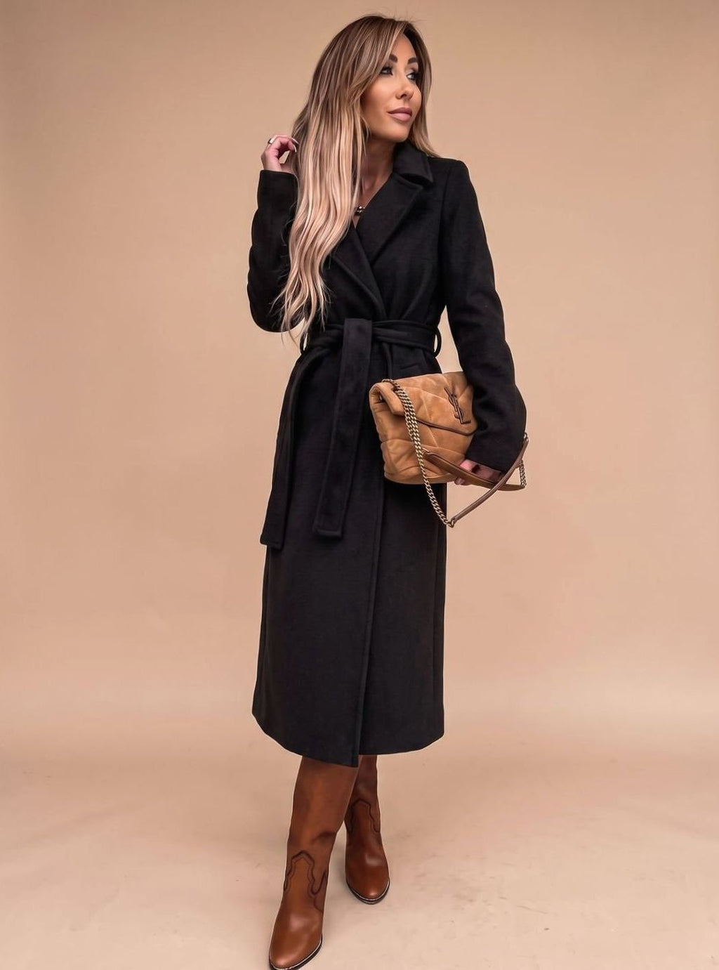 Angela | Wrap Coat with Tie Belt and Notched Collar