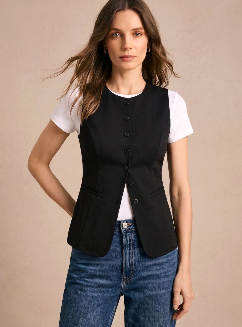 Emma | Fitted Vest with Seven Buttons and Rounded Hem