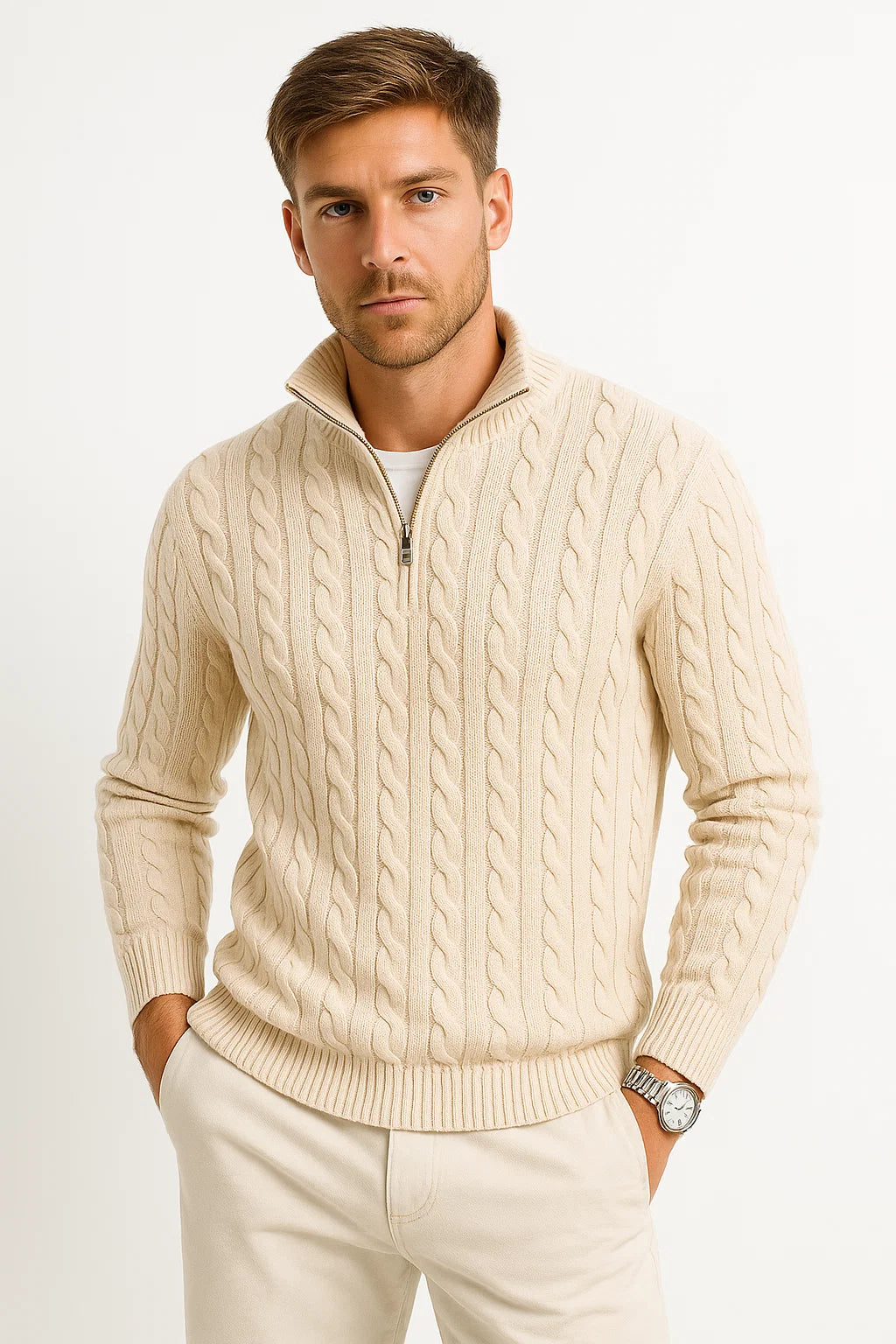 Tucker | Cable-Knit Half-Zip Sweater with Stand Collar