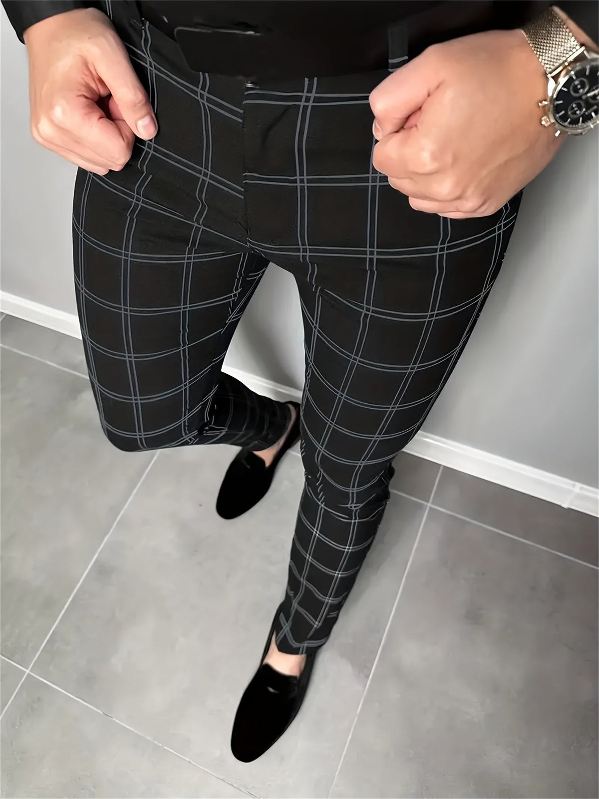 Reid | Plaid Slim-Fit Pants with Belt Loops