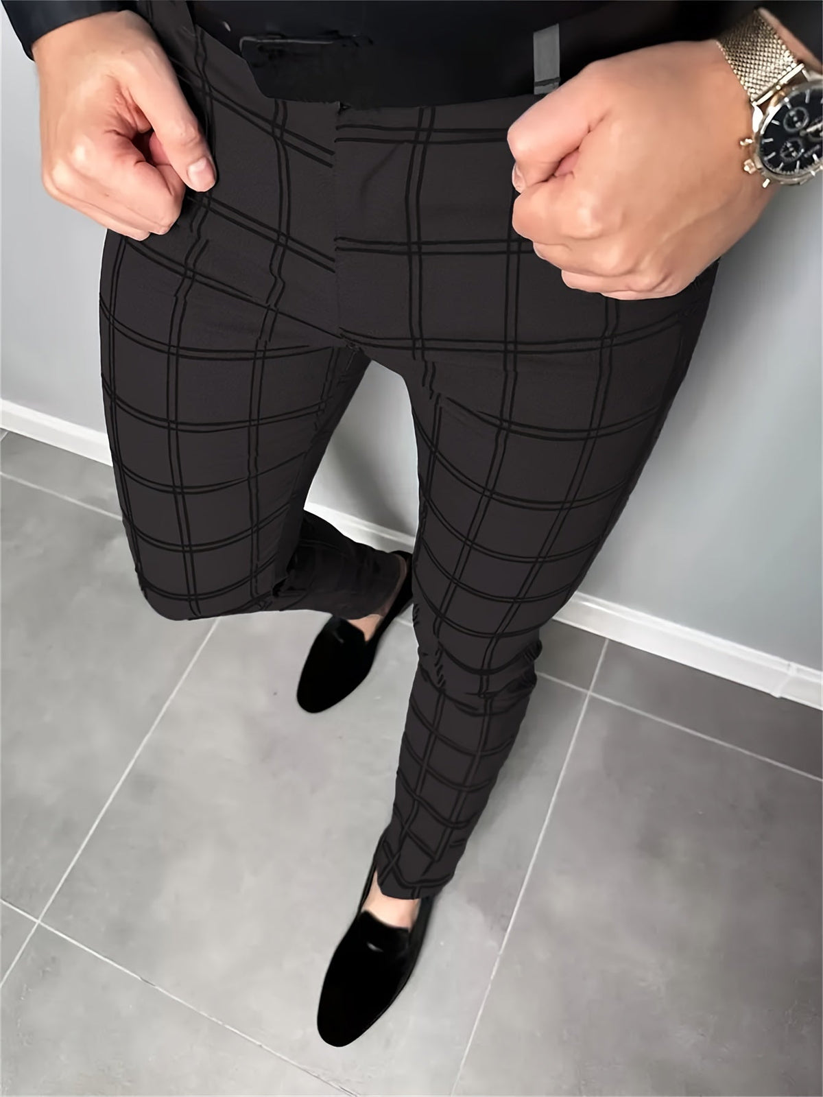 Reid | Plaid Slim-Fit Pants with Belt Loops
