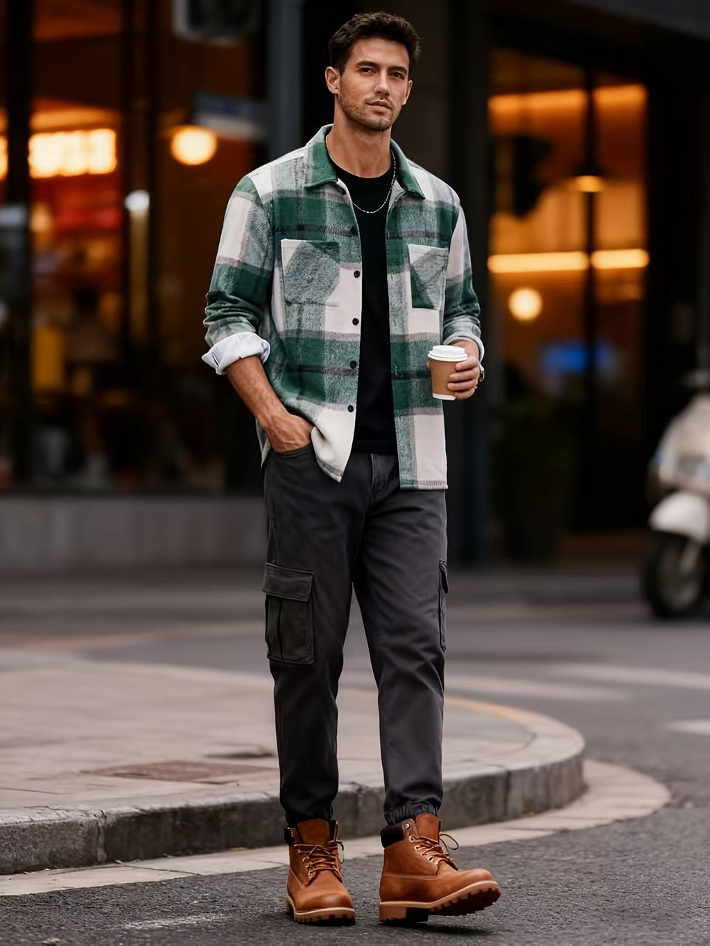 Ternet overskjorte i olivengrøn og hvid med brystlommer og knaplukning, casual stil
