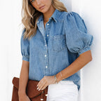 Dalia | Denim Blouse with Puff Sleeves and Snap Buttons