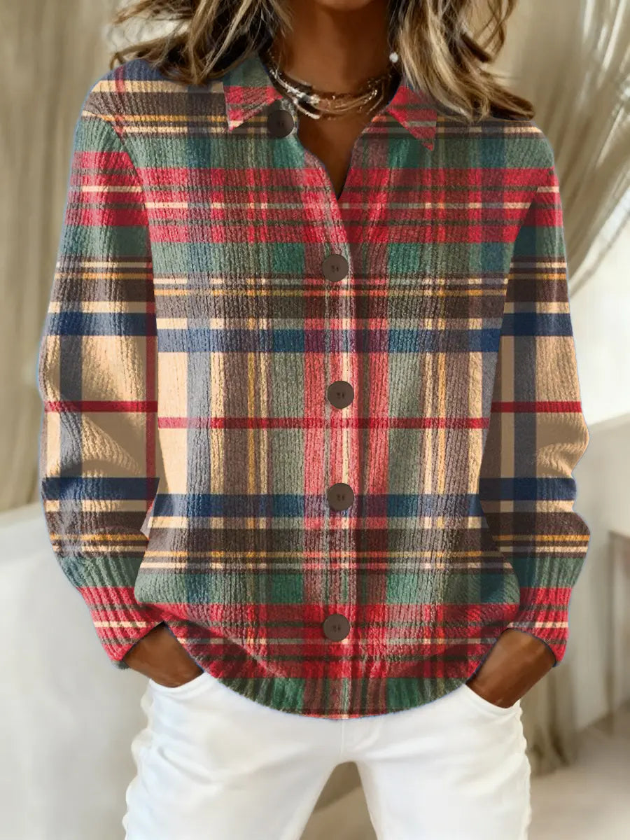 Serena | Plaid Shirt with Ribbed Trim & Curved Hem