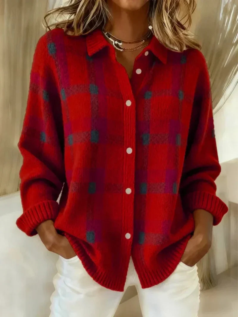 Serena | Plaid Shirt with Ribbed Trim & Curved Hem