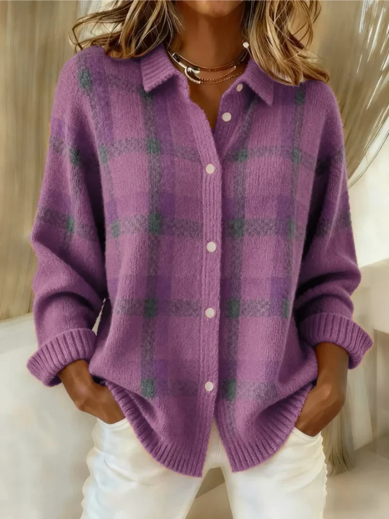 Serena | Plaid Shirt with Ribbed Trim & Curved Hem