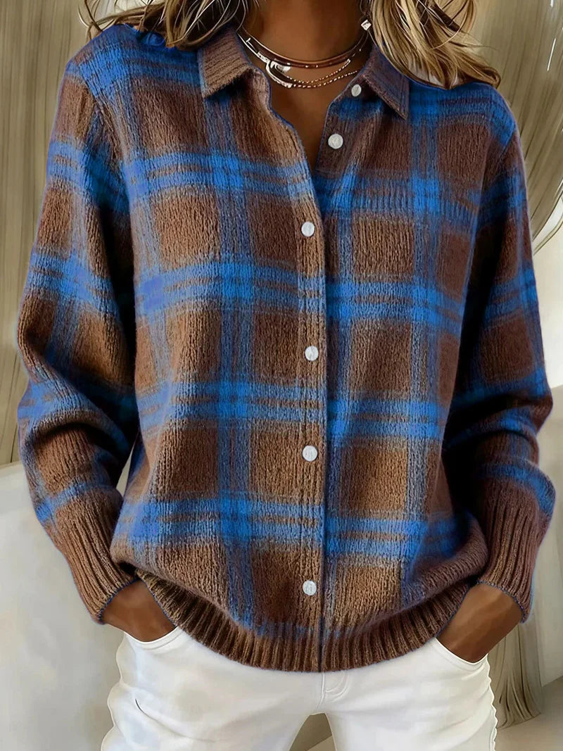 Serena | Plaid Shirt with Ribbed Trim & Curved Hem