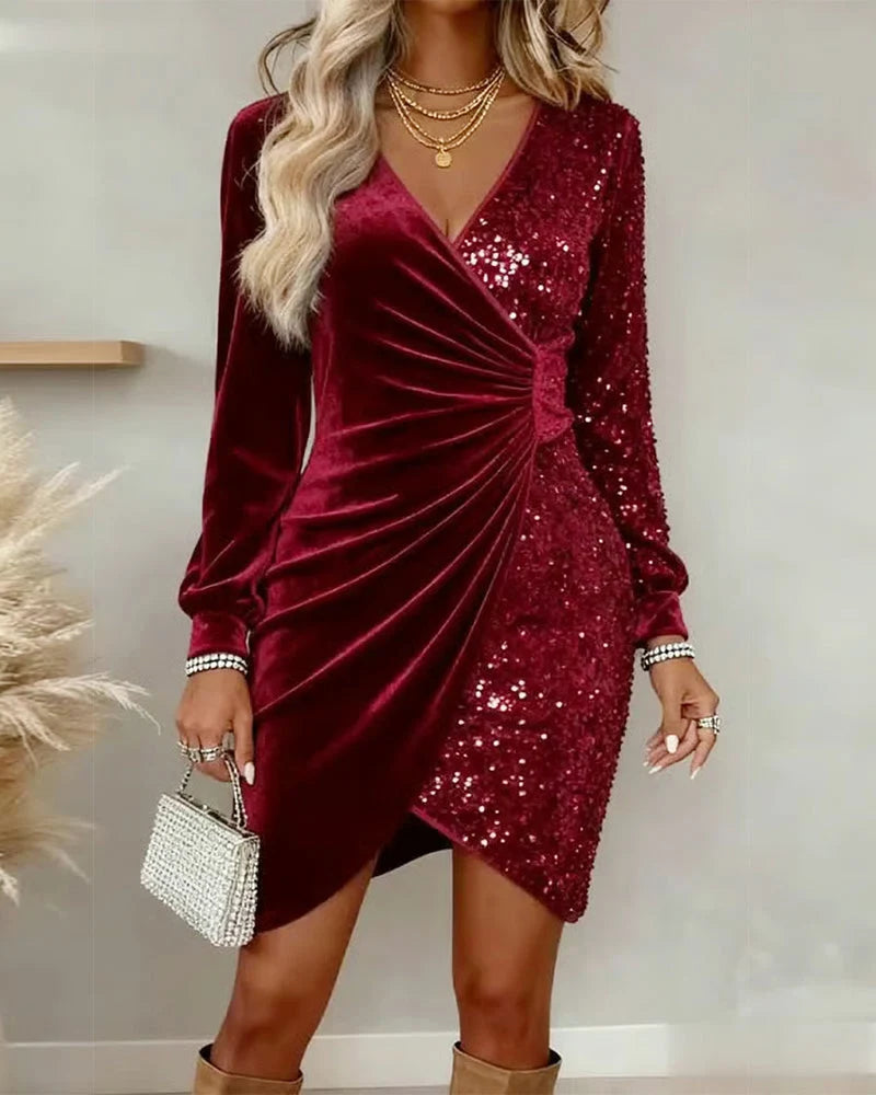 Christina | Sequin Wrap Dress with Balloon Sleeves