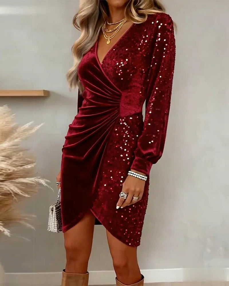 Christina | Sequin Wrap Dress with Balloon Sleeves