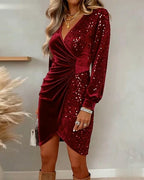 Christina | Sequin Wrap Dress with Balloon Sleeves