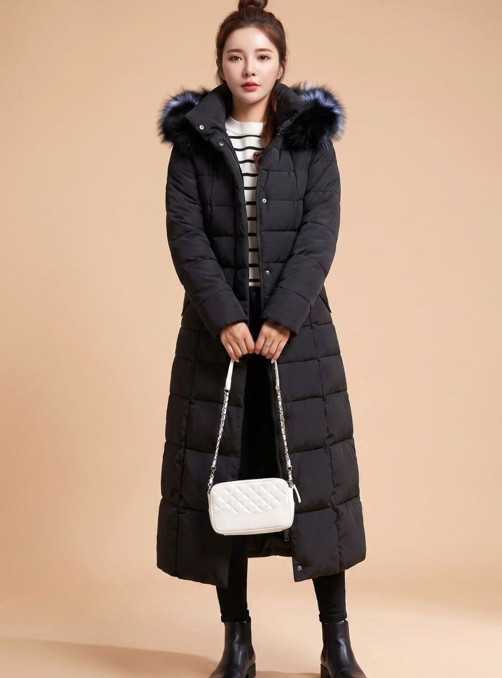 Nevaeh | Ankle-Length Puffer Coat with Fur-Trim Hood