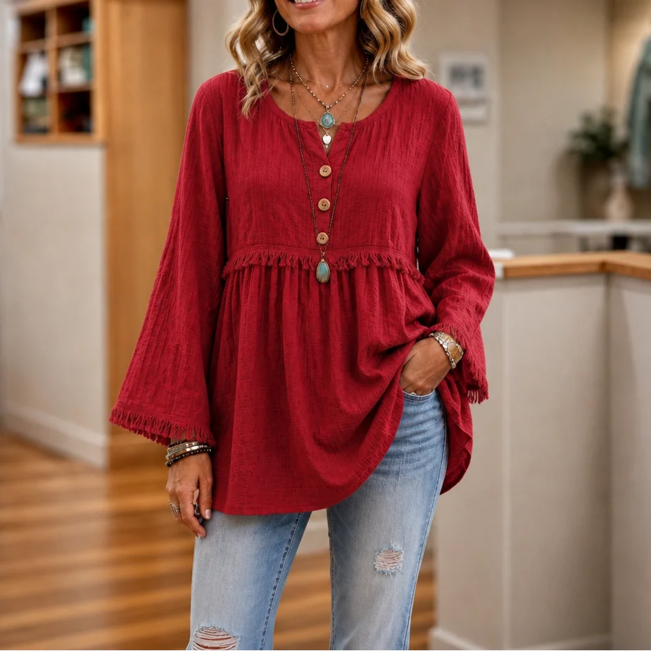 Fiora Tassel Tunic | Button-Front, Long Sleeve, Peplum Waist 10