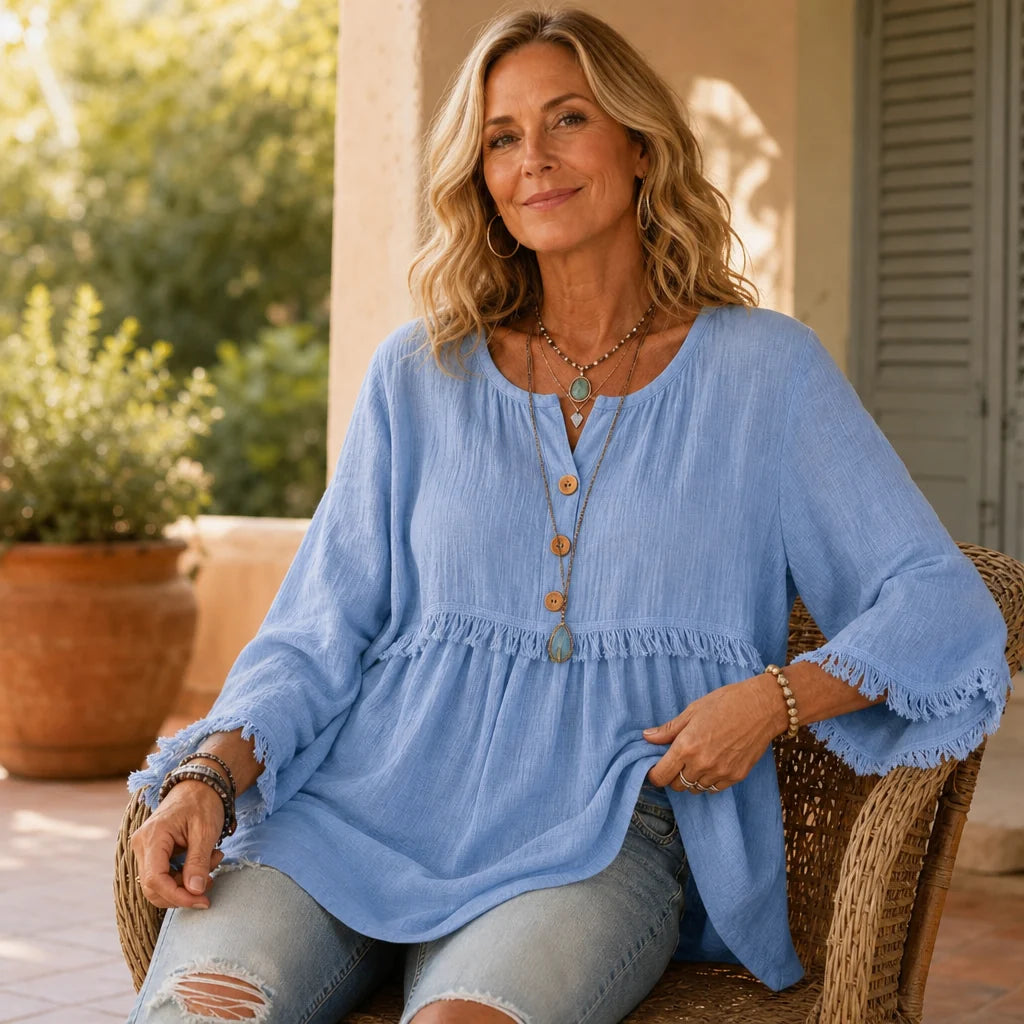 Fiora Tassel Tunic | Button-Front, Long Sleeve, Peplum Waist 3
