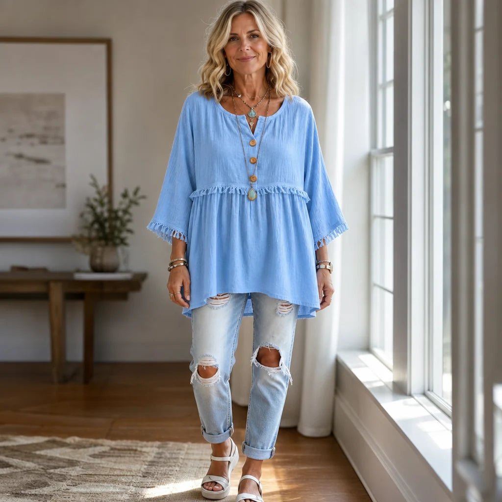 Fiora Tassel Tunic | Button-Front, Long Sleeve, Peplum Waist 5
