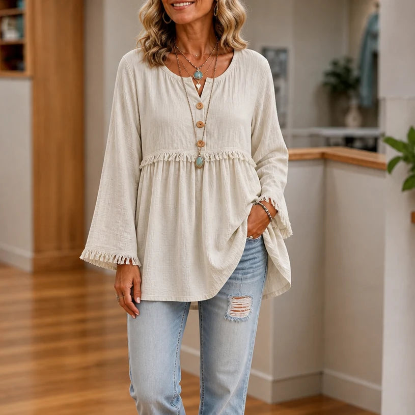 Fiora Tassel Tunic | Button-Front, Long Sleeve, Peplum Waist 9