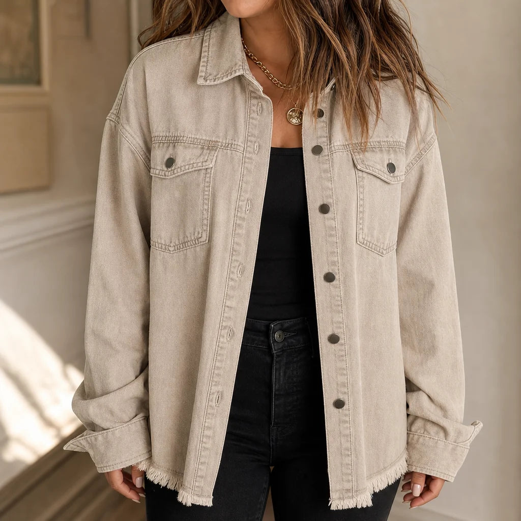 Brianna | Washed Denim-Look Jacket with Frayed Hem
