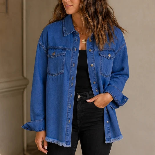 Brianna | Washed Denim-Look Jacket with Frayed Hem