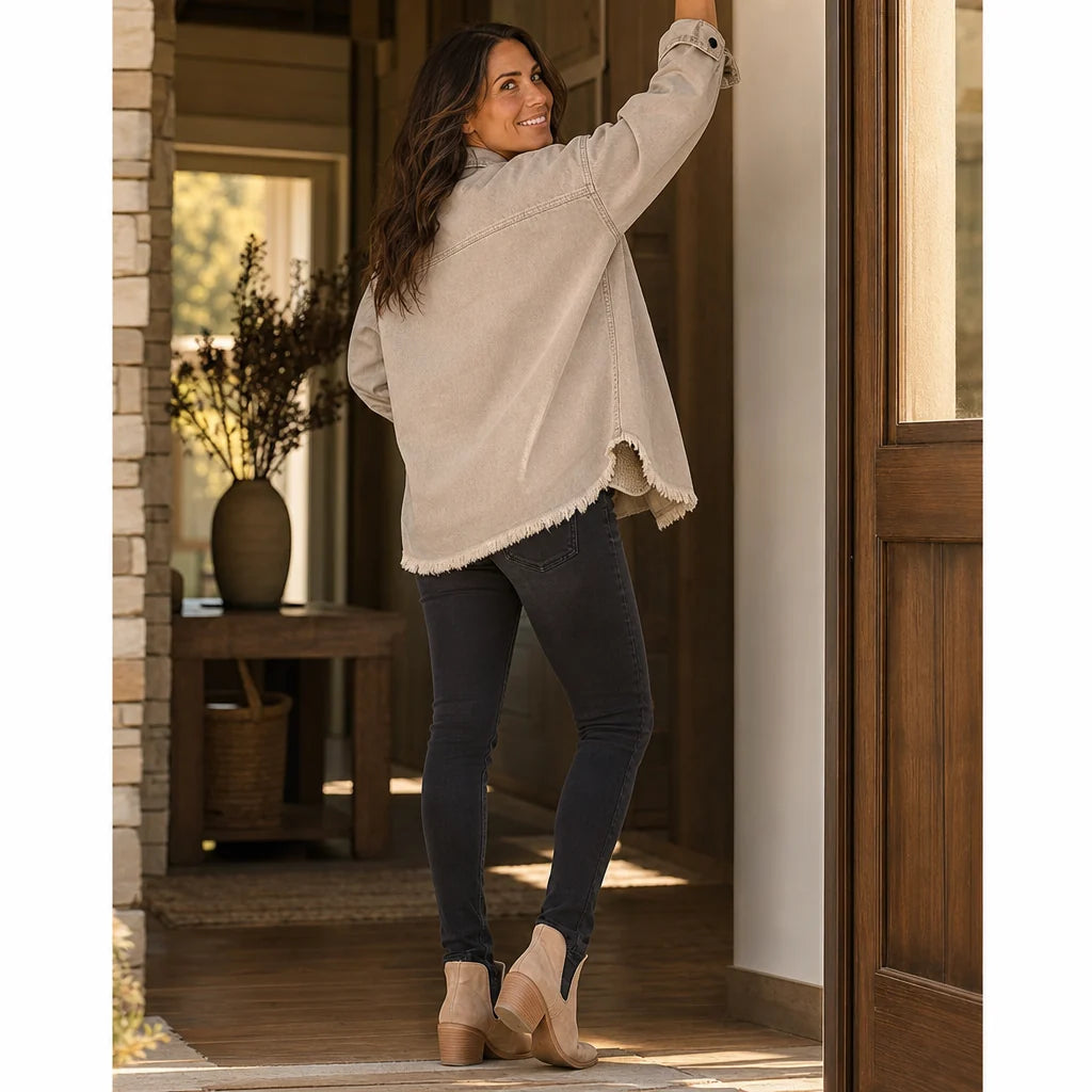 Brianna | Washed Denim-Look Jacket with Frayed Hem