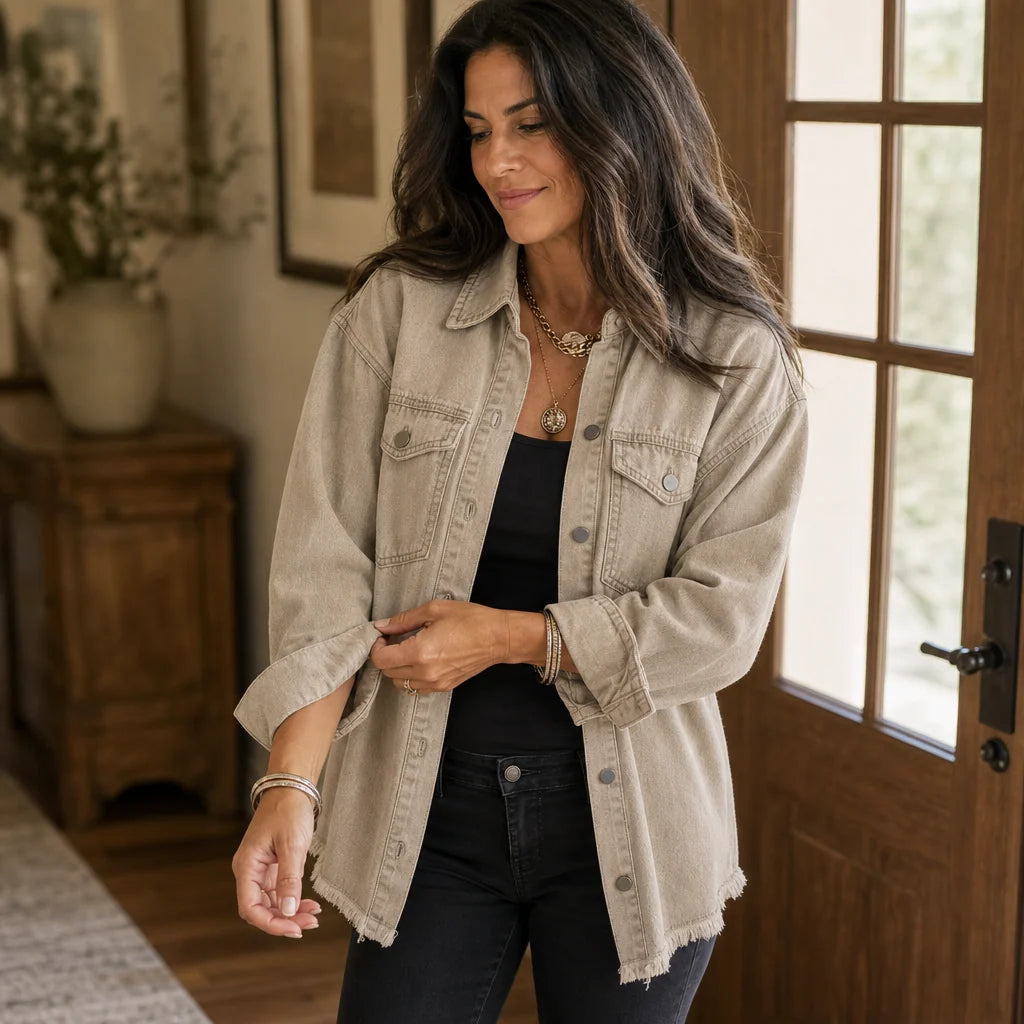 Brianna | Washed Denim-Look Jacket with Frayed Hem