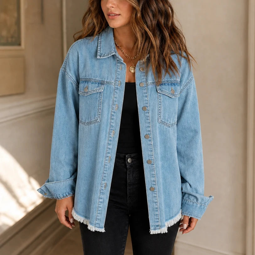 Brianna | Washed Denim-Look Jacket with Frayed Hem