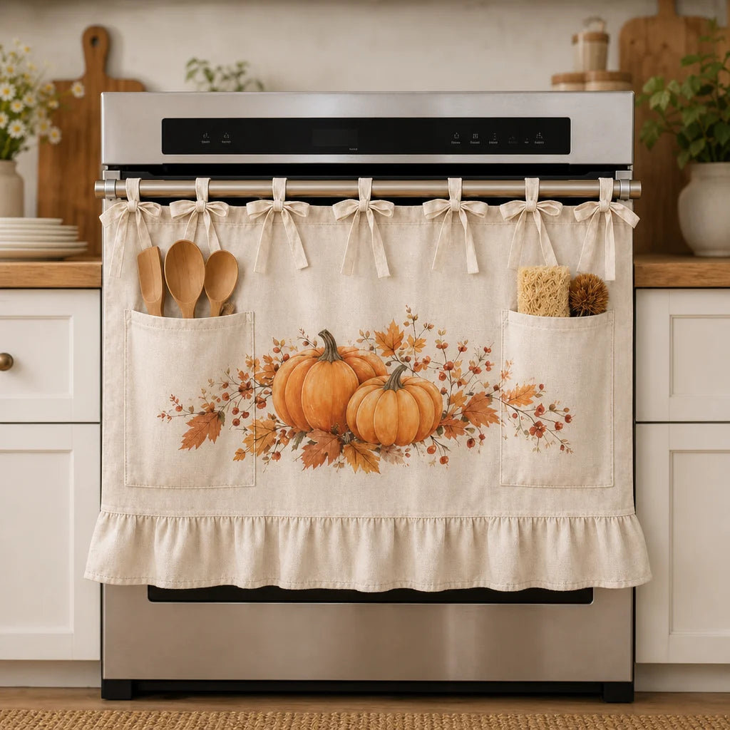 Haven Pumpkin Kitchen Handle Skirt | Adjustable Ruffled Polyester with Pockets 1