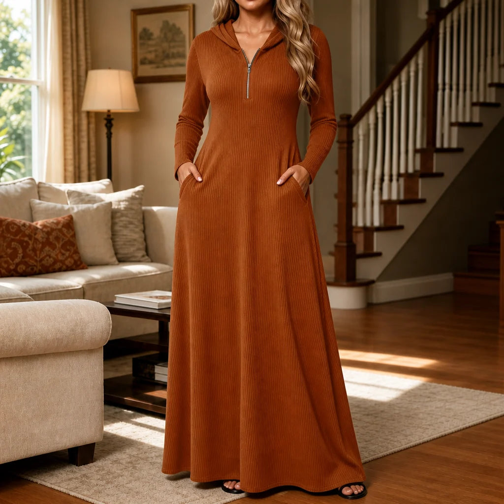 Kate | Ribbed Hooded Maxi Dress with Stretch Knit