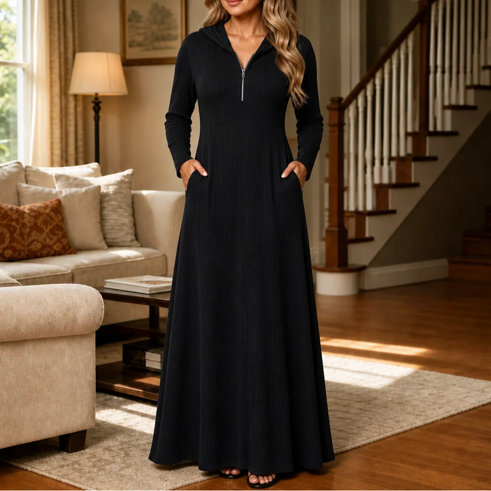 Kate | Ribbed Hooded Maxi Dress with Stretch Knit