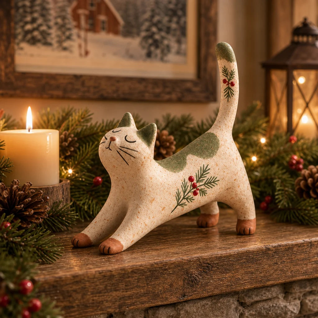 Hearthwhisk Cat Figurine | Speckled Woodland Stretching Design 1