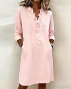 Agnethe | Knee-Length Dress with Deep V-Neck & Ruffle