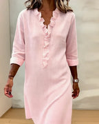 Agnethe | Knee-Length Dress with Deep V-Neck & Ruffle