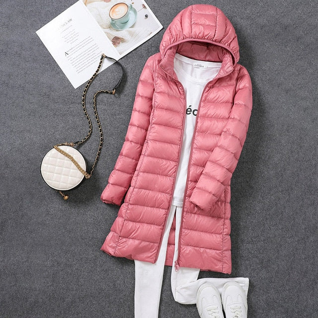 Iris | Long Hooded Puffer Jacket with Channel Quilting