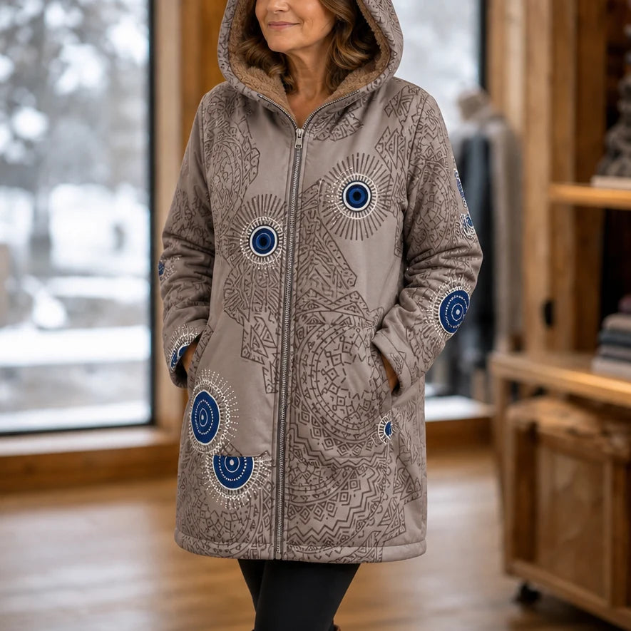 Peyton | Hooded Fleece-Look Coat with Leaf Print