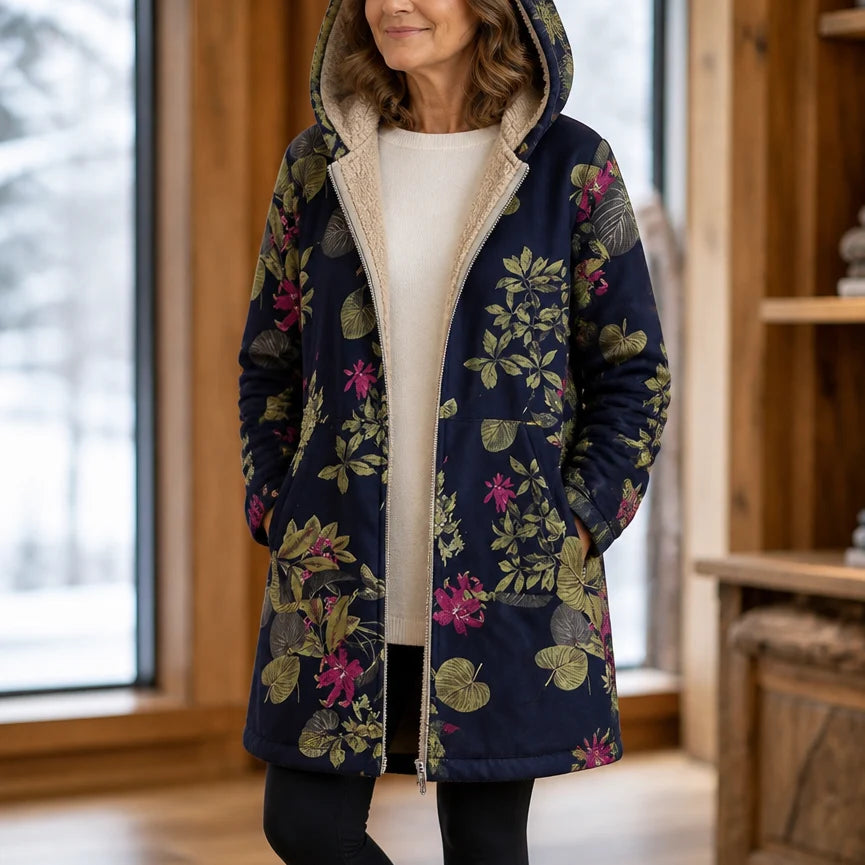 Peyton | Hooded Fleece-Look Coat with Leaf Print