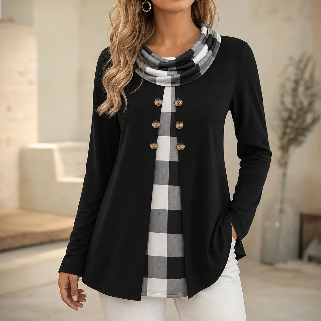 Liora Long-Sleeve Tunic | Soft Stretch Knit, Faux-Layered Plaid Detail, Perfect for Leggings 1