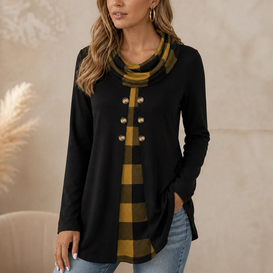 Liora Long-Sleeve Tunic | Soft Stretch Knit, Faux-Layered Plaid Detail, Perfect for Leggings 10