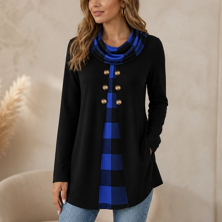 Liora Long-Sleeve Tunic | Soft Stretch Knit, Faux-Layered Plaid Detail, Perfect for Leggings 12