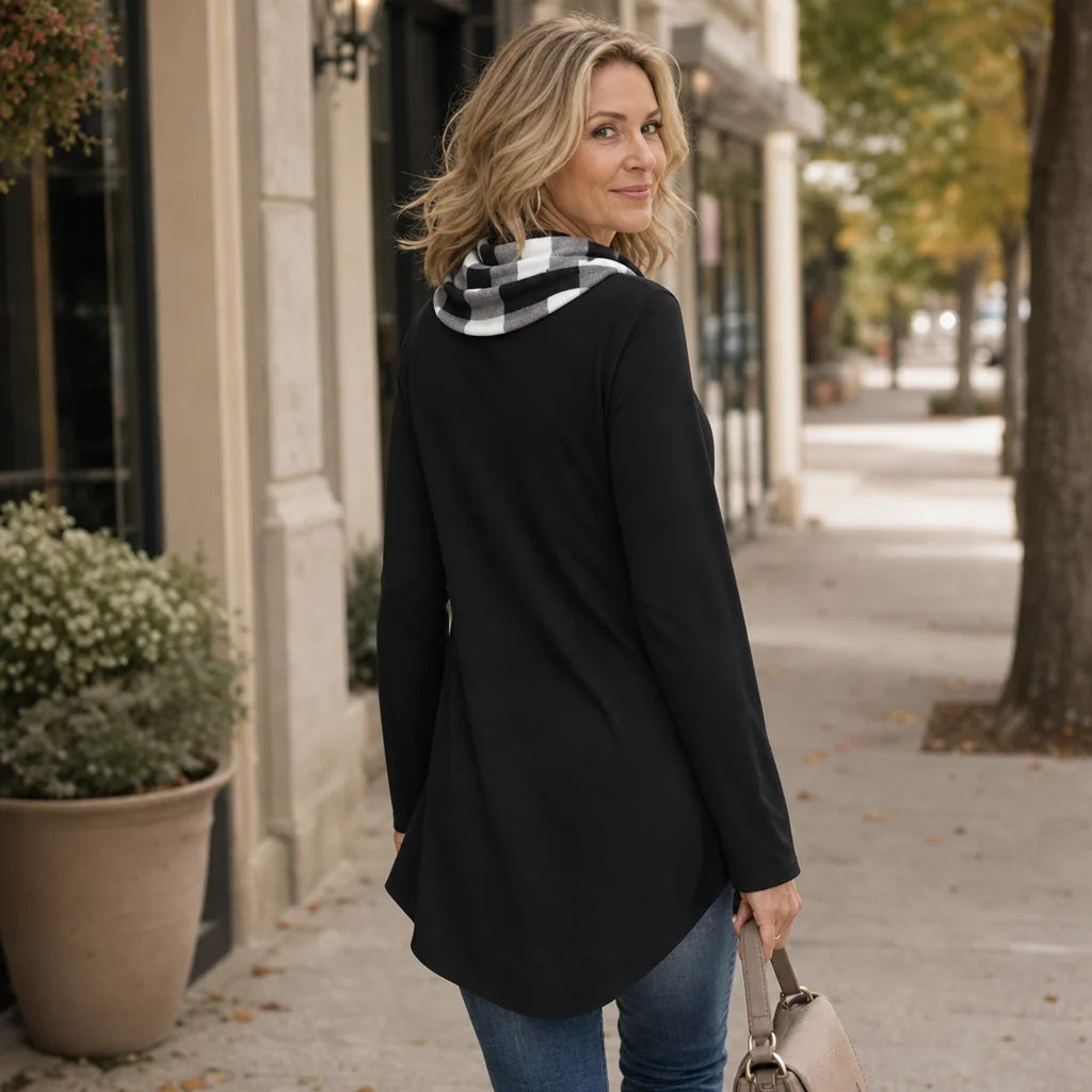 Liora Long-Sleeve Tunic | Soft Stretch Knit, Faux-Layered Plaid Detail, Perfect for Leggings 5