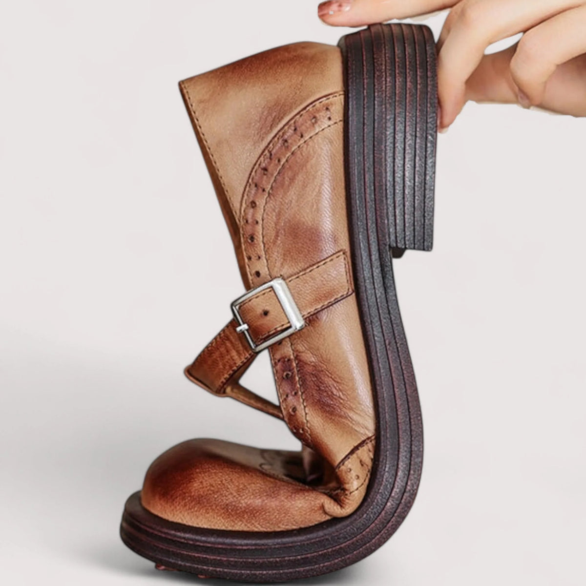 Wynn | Wingtip Brogue T-Strap Shoe with Treaded Sole