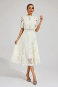 Liora | Guipure Lace Midi Dress, High-Neck