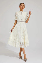 Liora | Guipure Lace Midi Dress, High-Neck