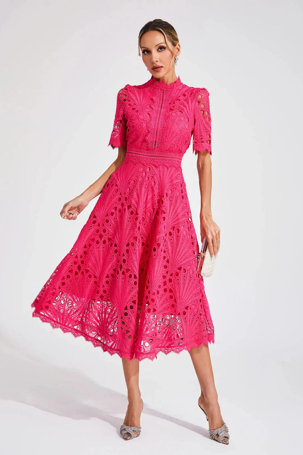 Liora | Guipure Lace Midi Dress, High-Neck